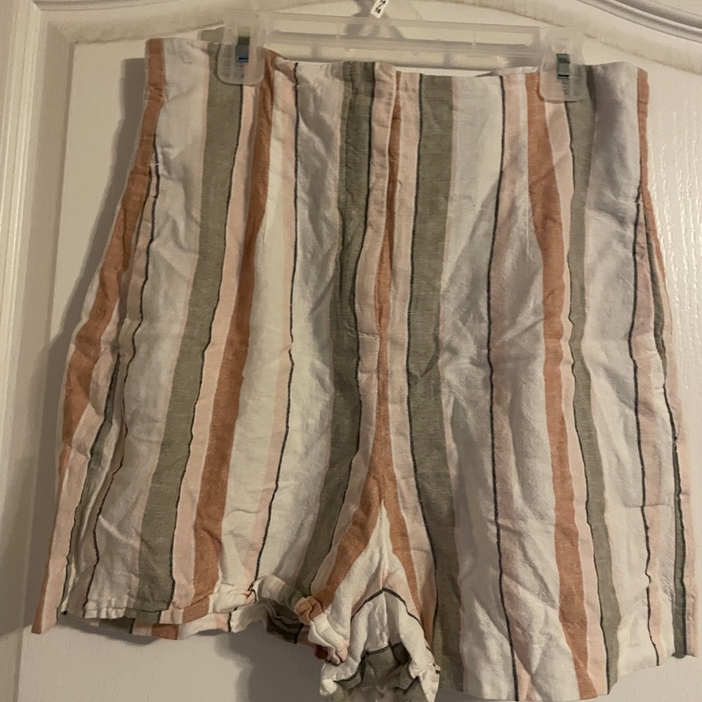 Zara Striped Shorts Womens Medium Multi Color Excellent High Waisted Linen Blend